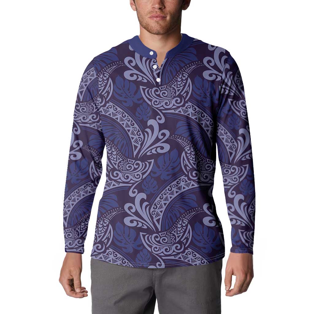 Deep Blue Monstera Button Sweatshirt Polynesian Tribal Pattern LT01 - Polynesian Pride