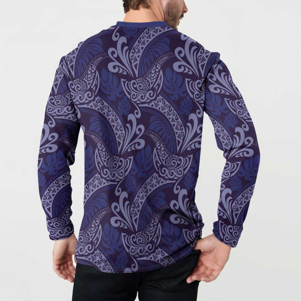 Deep Blue Monstera Button Sweatshirt Polynesian Tribal Pattern LT01 - Polynesian Pride