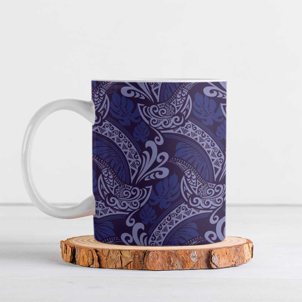 Deep Blue Monstera Ceramic Mug Polynesian Tribal Pattern - Polynesian Pride