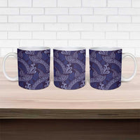 Deep Blue Monstera Ceramic Mug Polynesian Tribal Pattern - Polynesian Pride