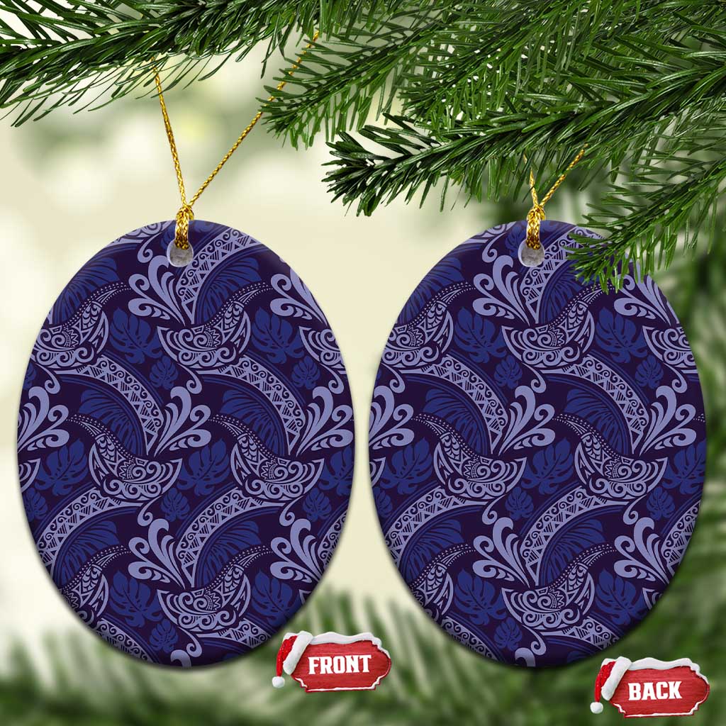 Deep Blue Monstera Ceramic Ornament Polynesian Tribal Pattern LT01 Oval Blue - Polynesian Pride