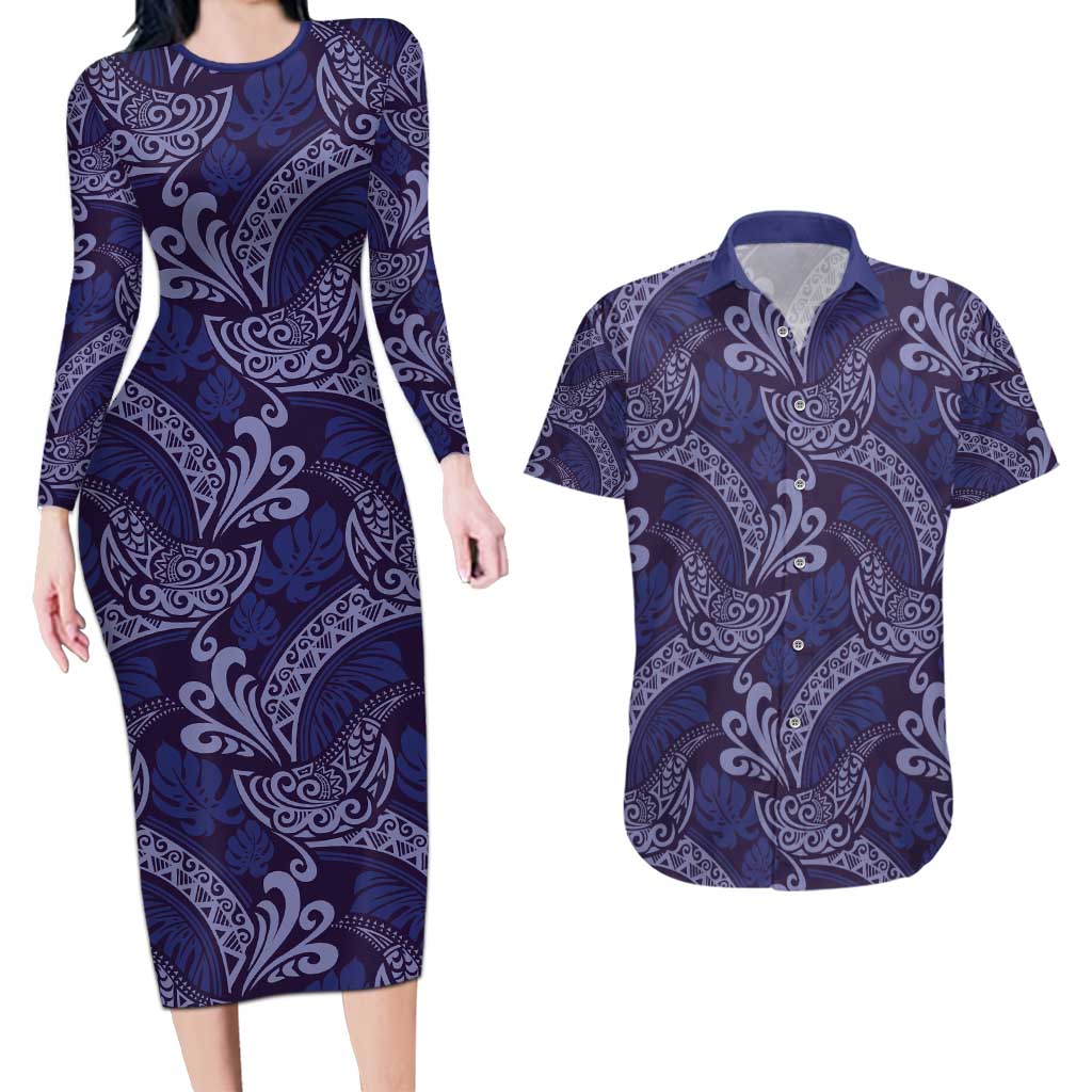 Deep Blue Monstera Couples Matching Long Sleeve Bodycon Dress and Hawaiian Shirt Polynesian Tribal Pattern LT01 Blue - Polynesian Pride