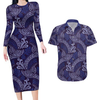 Deep Blue Monstera Couples Matching Long Sleeve Bodycon Dress and Hawaiian Shirt Polynesian Tribal Pattern LT01 Blue - Polynesian Pride