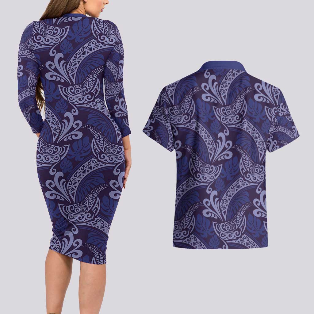 Deep Blue Monstera Couples Matching Long Sleeve Bodycon Dress and Hawaiian Shirt Polynesian Tribal Pattern LT01 - Polynesian Pride