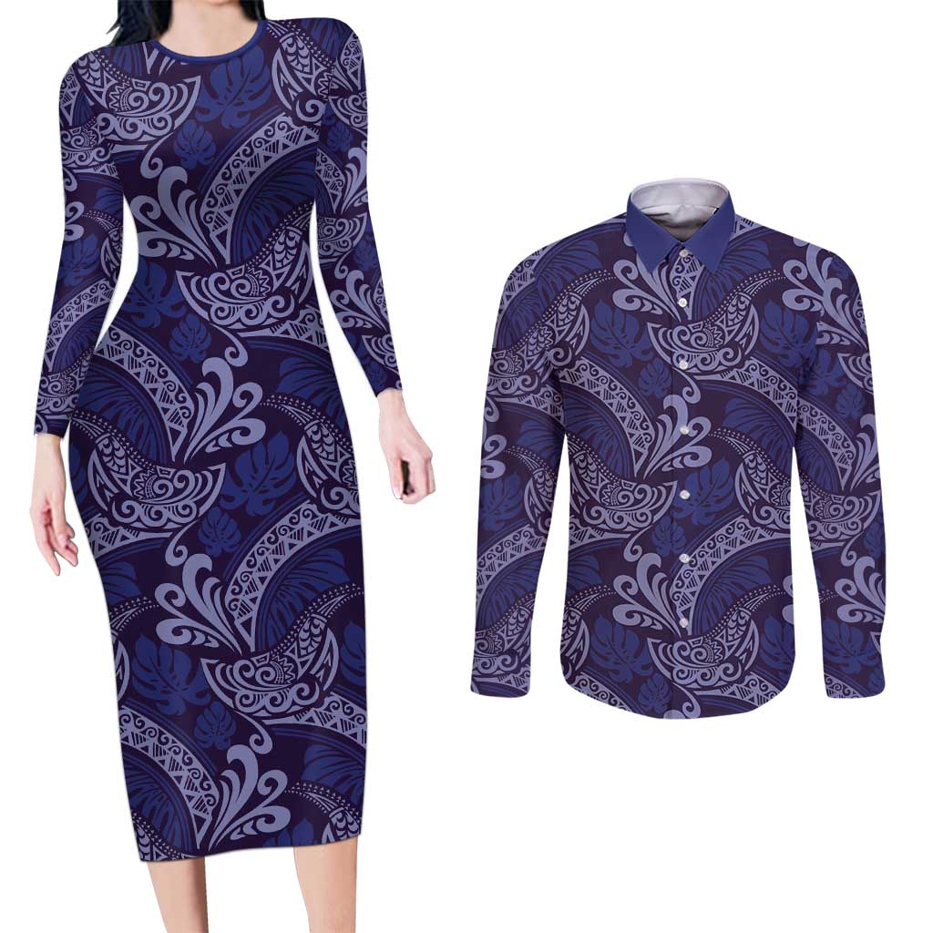 Deep Blue Monstera Couples Matching Long Sleeve Bodycon Dress and Long Sleeve Button Shirt Polynesian Tribal Pattern - Polynesian Pride
