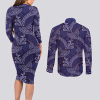Deep Blue Monstera Couples Matching Long Sleeve Bodycon Dress and Long Sleeve Button Shirt Polynesian Tribal Pattern - Polynesian Pride