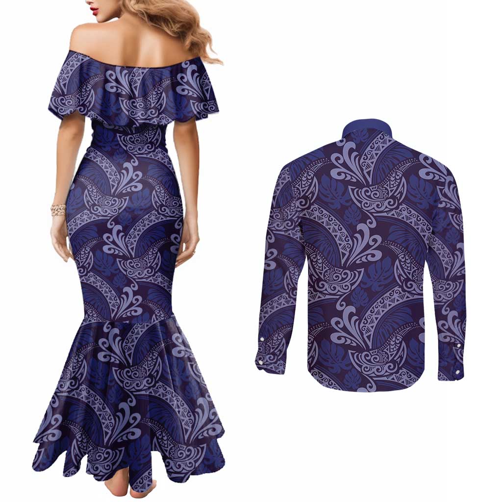 Deep Blue Monstera Couples Matching Mermaid Dress and Long Sleeve Button Shirt Polynesian Tribal Pattern - Polynesian Pride