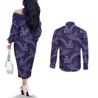 Deep Blue Monstera Couples Matching Off The Shoulder Long Sleeve Dress and Long Sleeve Button Shirt Polynesian Tribal Pattern LT01 - Polynesian Pride