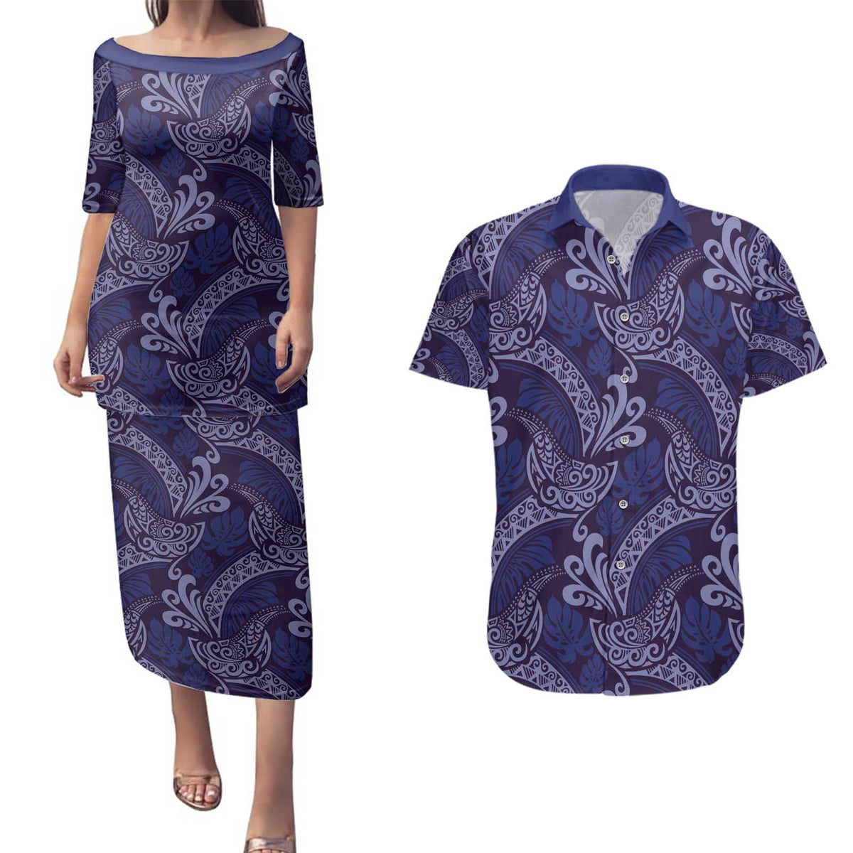 Deep Blue Monstera Couples Matching Puletasi and Hawaiian Shirt Polynesian Tribal Pattern LT01 Blue - Polynesian Pride