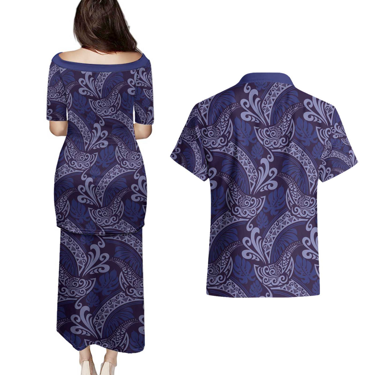 Deep Blue Monstera Couples Matching Puletasi and Hawaiian Shirt Polynesian Tribal Pattern LT01 - Polynesian Pride