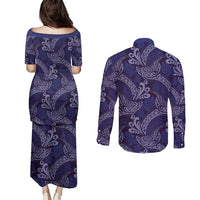Deep Blue Monstera Couples Matching Puletasi and Long Sleeve Button Shirt Polynesian Tribal Pattern LT01 - Polynesian Pride