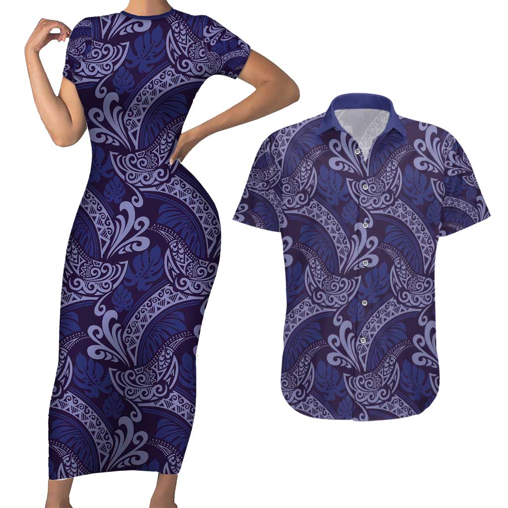 Deep Blue Monstera Couples Matching Short Sleeve Bodycon Dress and Hawaiian Shirt Polynesian Tribal Pattern - Polynesian Pride