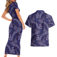 Deep Blue Monstera Couples Matching Short Sleeve Bodycon Dress and Hawaiian Shirt Polynesian Tribal Pattern LT01 - Polynesian Pride