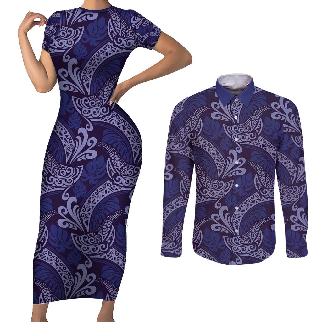 Deep Blue Monstera Couples Matching Short Sleeve Bodycon Dress and Long Sleeve Button Shirt Polynesian Tribal Pattern - Polynesian Pride