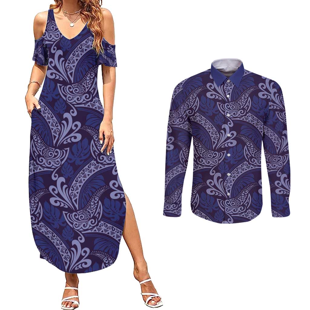 Deep Blue Monstera Couples Matching Summer Maxi Dress and Long Sleeve Button Shirt Polynesian Tribal Pattern - Polynesian Pride