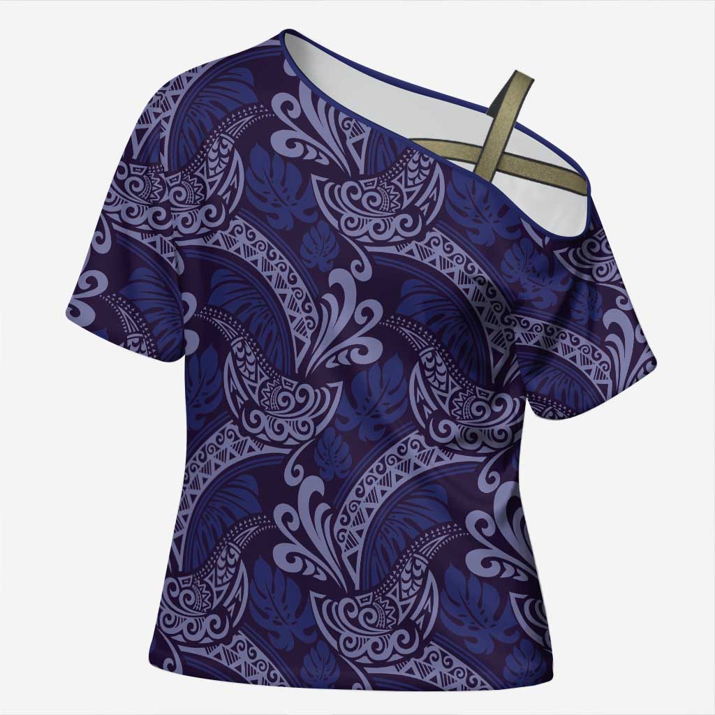 Deep Blue Monstera Cross Shoulder Shirt Polynesian Tribal Pattern LT01 Female Blue - Polynesian Pride