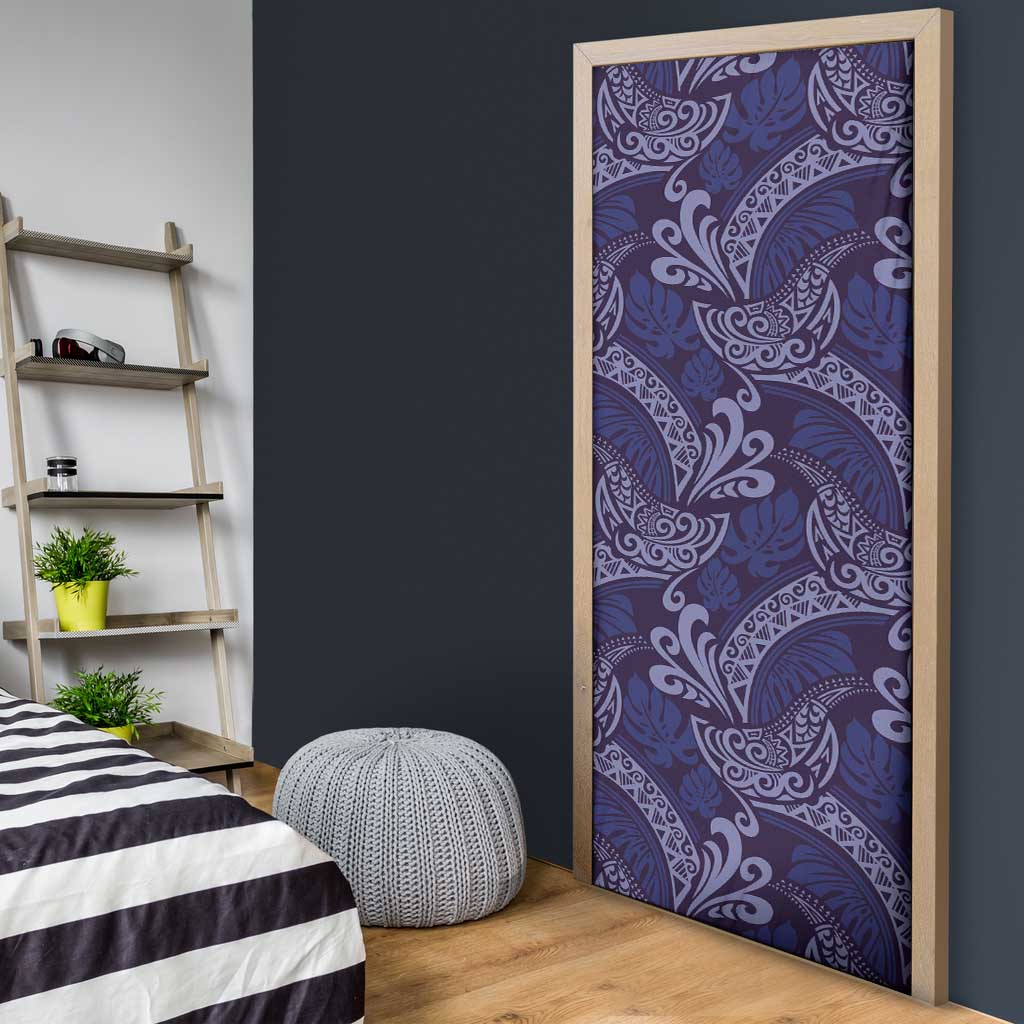 Deep Blue Monstera Door Cover Polynesian Tribal Pattern - Polynesian Pride
