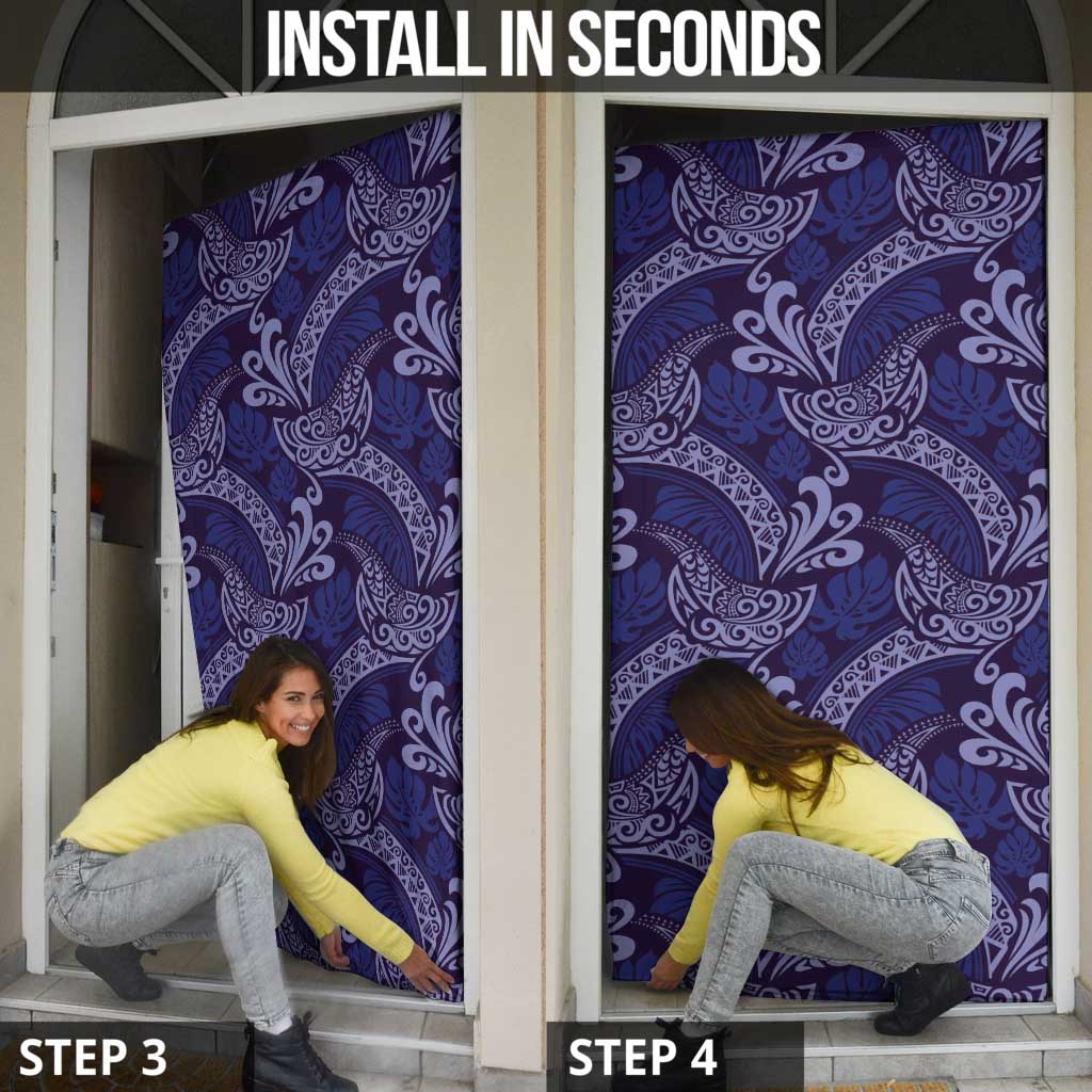 Deep Blue Monstera Door Cover Polynesian Tribal Pattern - Polynesian Pride