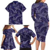 Deep Blue Monstera Family Matching Long Sleeve Bodycon Dress and Hawaiian Shirt Polynesian Tribal Pattern - Polynesian Pride