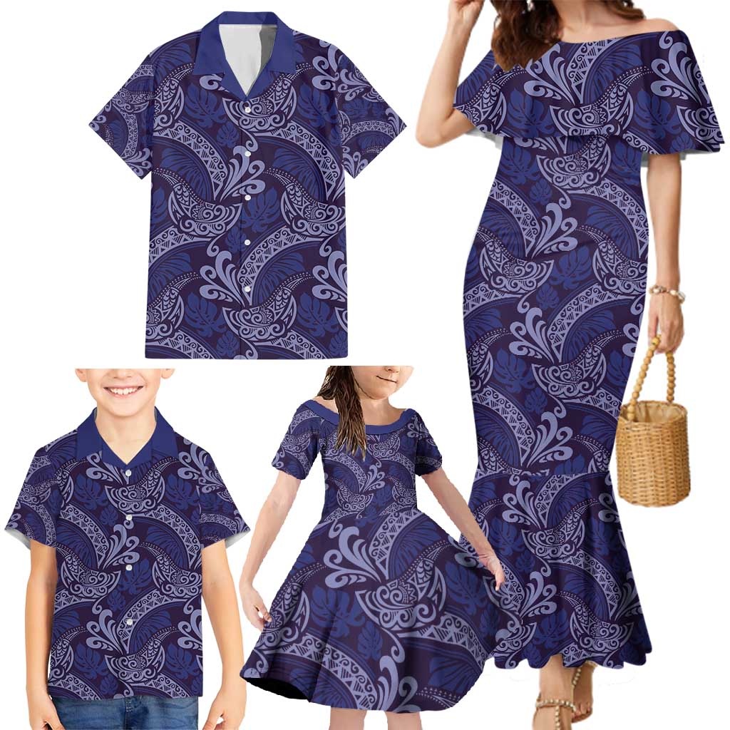 Deep Blue Monstera Family Matching Mermaid Dress and Hawaiian Shirt Polynesian Tribal Pattern - Polynesian Pride