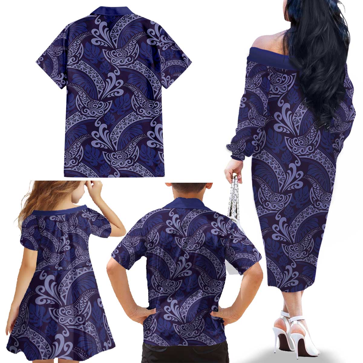 Deep Blue Monstera Family Matching Off The Shoulder Long Sleeve Dress and Hawaiian Shirt Polynesian Tribal Pattern - Polynesian Pride