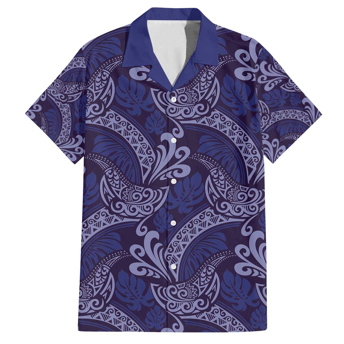 Deep Blue Monstera Family Matching Off The Shoulder Long Sleeve Dress and Hawaiian Shirt Polynesian Tribal Pattern - Polynesian Pride