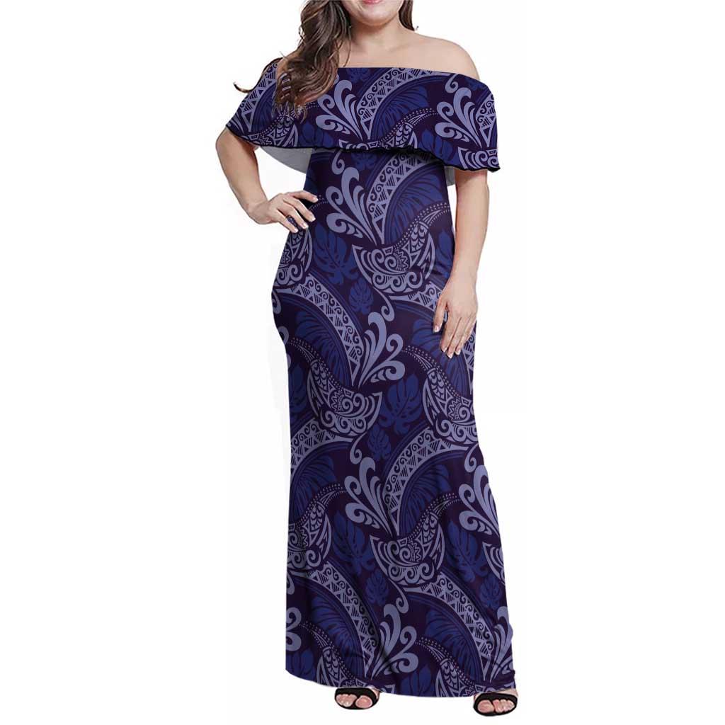 Deep Blue Monstera Family Matching Off Shoulder Maxi Dress and Hawaiian Shirt Polynesian Tribal Pattern - Polynesian Pride