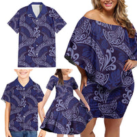 Deep Blue Monstera Family Matching Off Shoulder Short Dress and Hawaiian Shirt Polynesian Tribal Pattern - Polynesian Pride