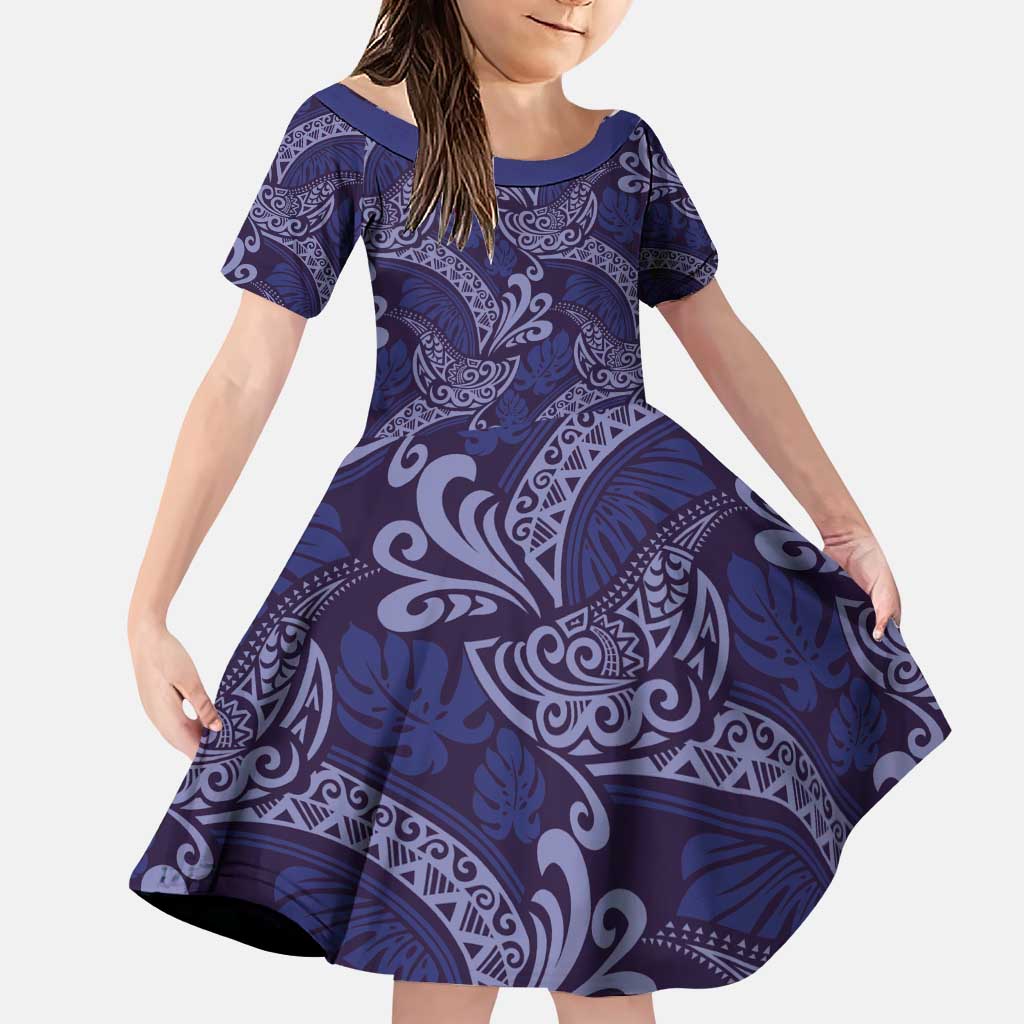 Deep Blue Monstera Family Matching Puletasi and Hawaiian Shirt Polynesian Tribal Pattern LT01 Daughter's Dress Blue - Polynesian Pride