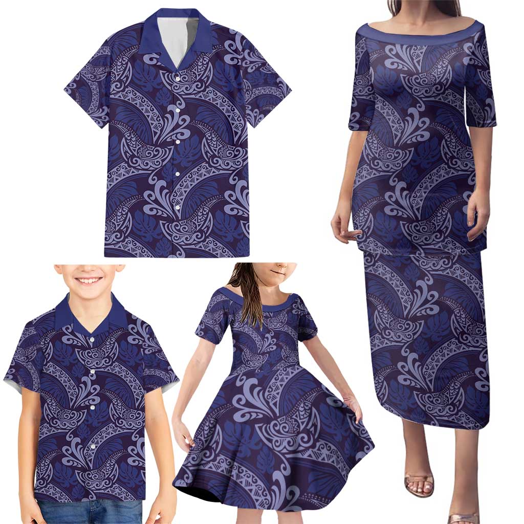 Deep Blue Monstera Family Matching Puletasi and Hawaiian Shirt Polynesian Tribal Pattern LT01 - Polynesian Pride