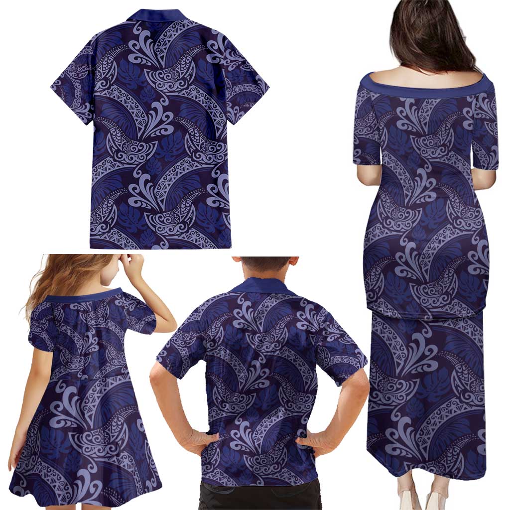 Deep Blue Monstera Family Matching Puletasi and Hawaiian Shirt Polynesian Tribal Pattern LT01 - Polynesian Pride
