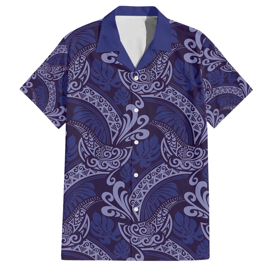 Deep Blue Monstera Family Matching Puletasi and Hawaiian Shirt Polynesian Tribal Pattern LT01 Dad's Shirt - Short Sleeve Blue - Polynesian Pride
