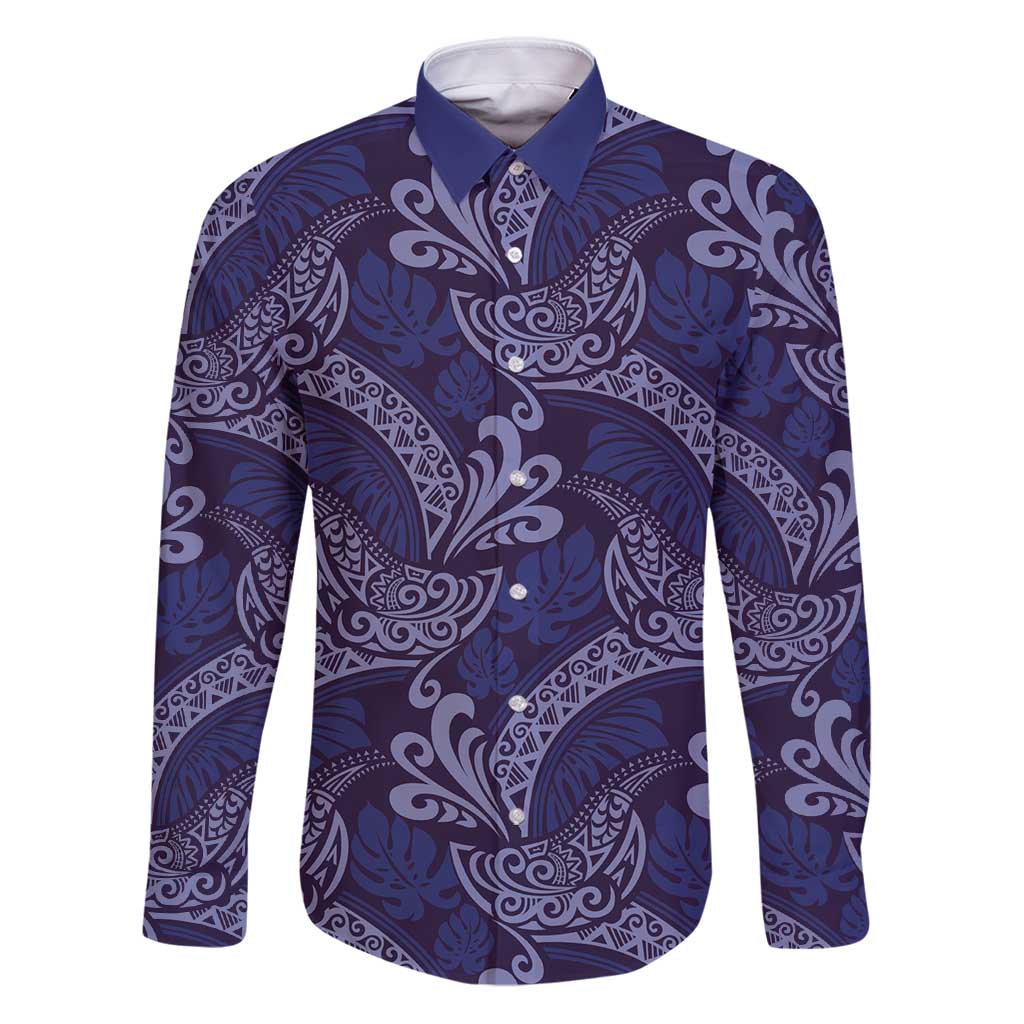 Deep Blue Monstera Family Matching Puletasi and Hawaiian Shirt Polynesian Tribal Pattern LT01 Dad's Shirt - Long Sleeve Blue - Polynesian Pride