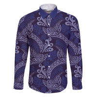 Deep Blue Monstera Family Matching Puletasi and Hawaiian Shirt Polynesian Tribal Pattern LT01 Dad's Shirt - Long Sleeve Blue - Polynesian Pride