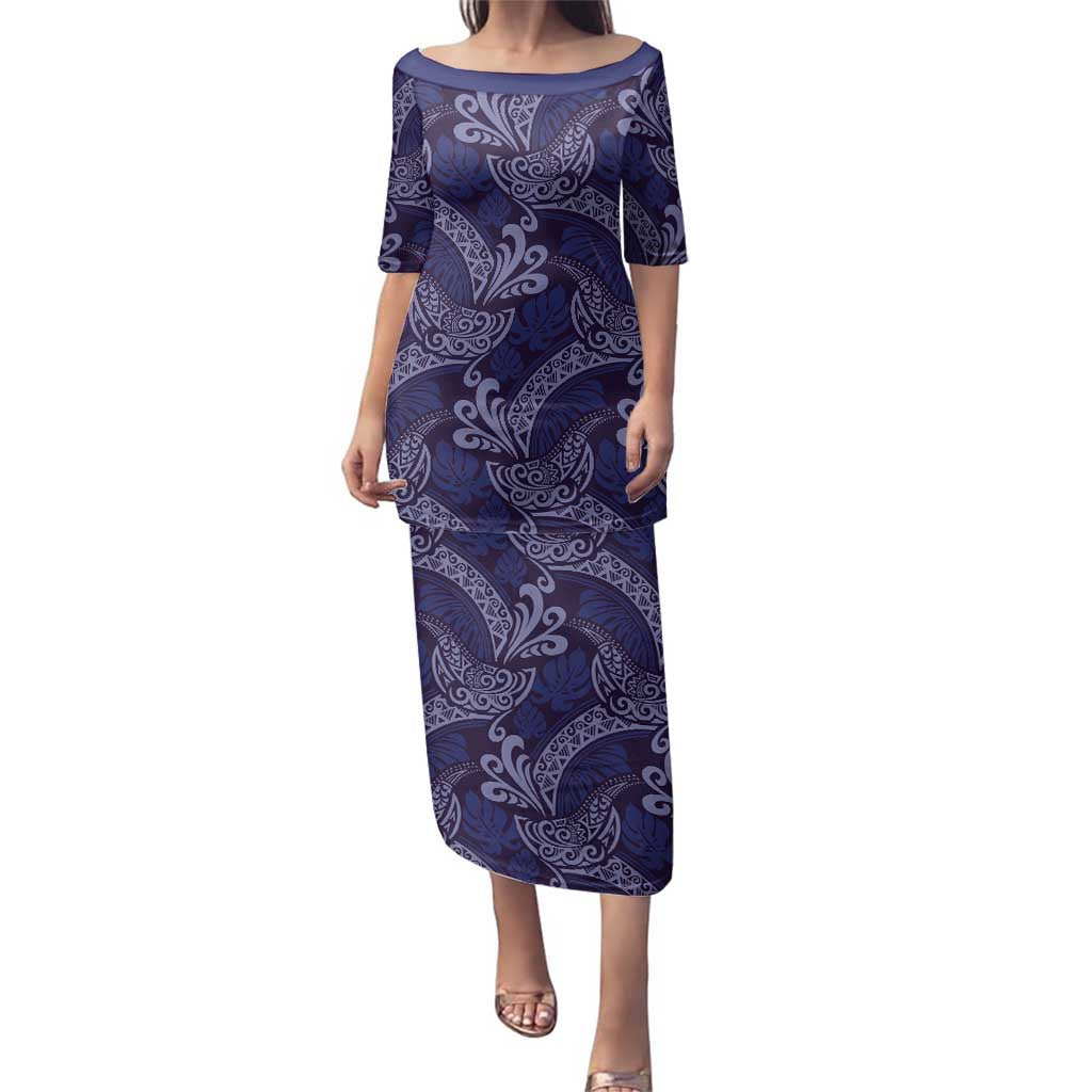Deep Blue Monstera Family Matching Puletasi and Hawaiian Shirt Polynesian Tribal Pattern LT01 Mom's Dress Blue - Polynesian Pride