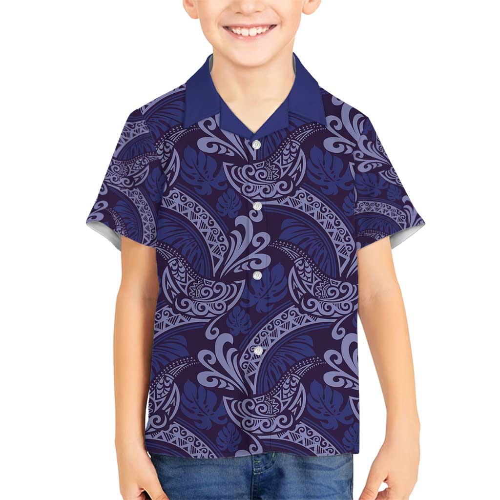 Deep Blue Monstera Family Matching Puletasi and Hawaiian Shirt Polynesian Tribal Pattern LT01 Son's Shirt Blue - Polynesian Pride