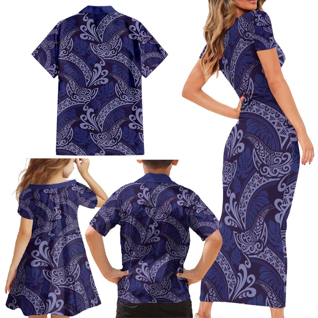 Deep Blue Monstera Family Matching Short Sleeve Bodycon Dress and Hawaiian Shirt Polynesian Tribal Pattern - Polynesian Pride