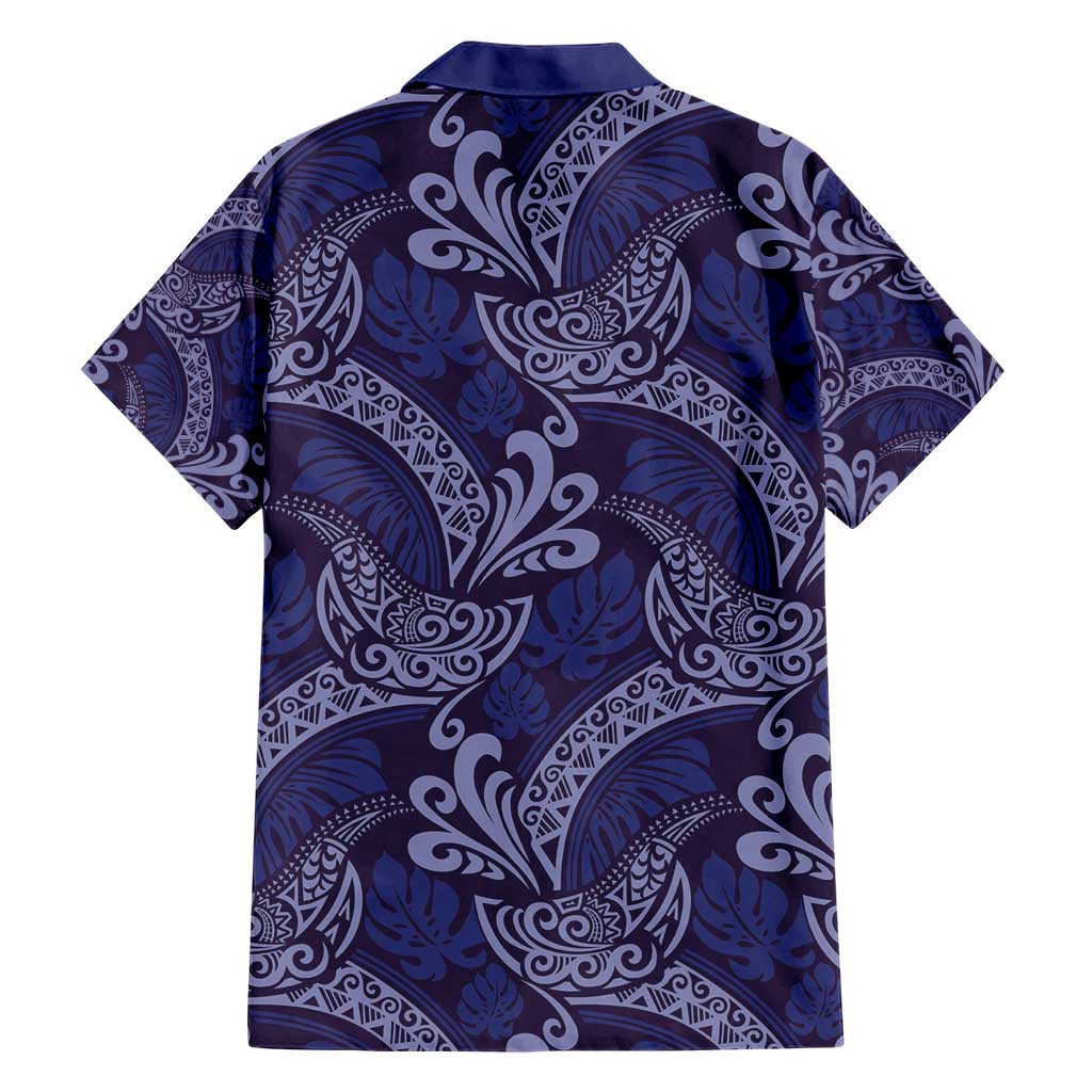 Deep Blue Monstera Family Matching Short Sleeve Bodycon Dress and Hawaiian Shirt Polynesian Tribal Pattern - Polynesian Pride