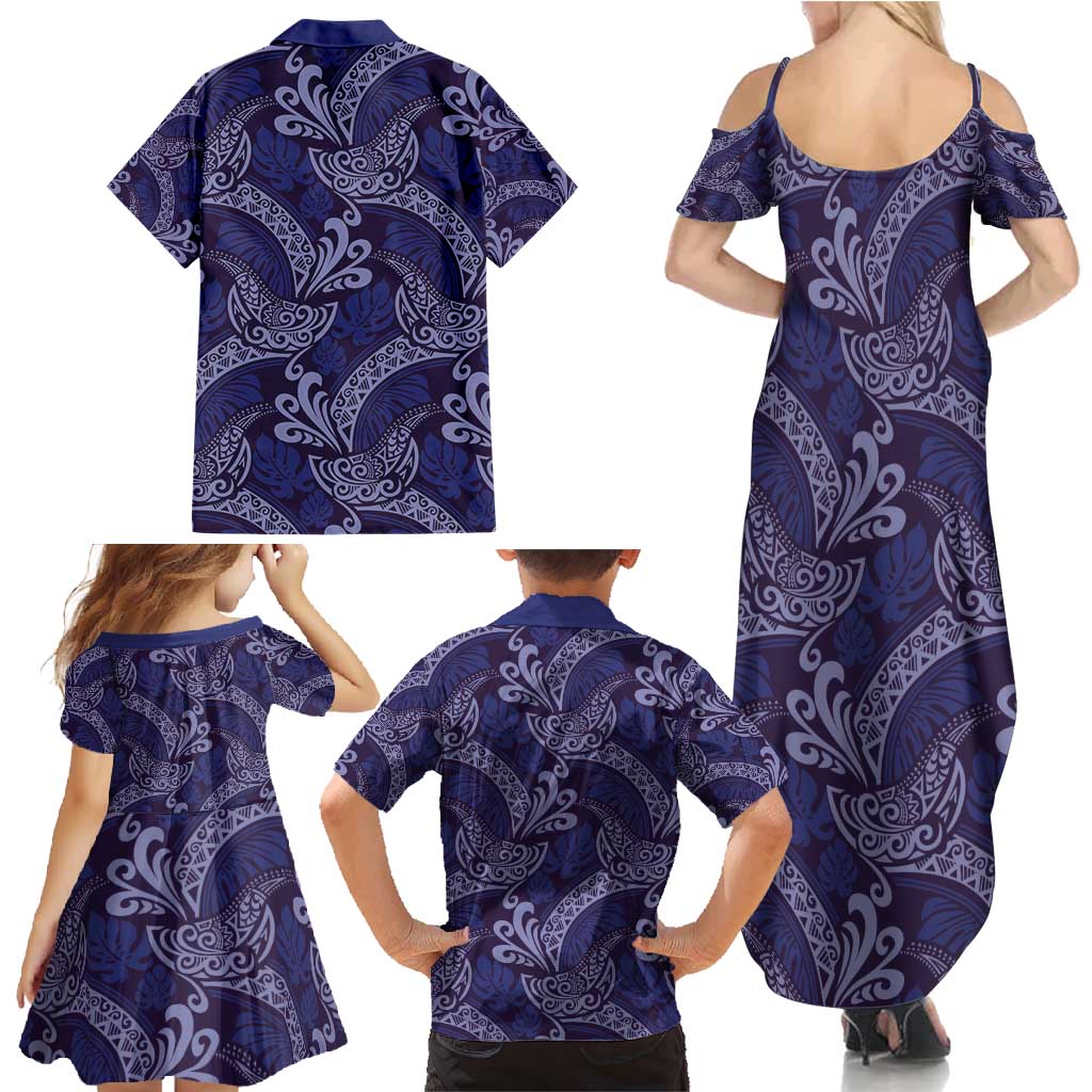 Deep Blue Monstera Family Matching Summer Maxi Dress and Hawaiian Shirt Polynesian Tribal Pattern - Polynesian Pride