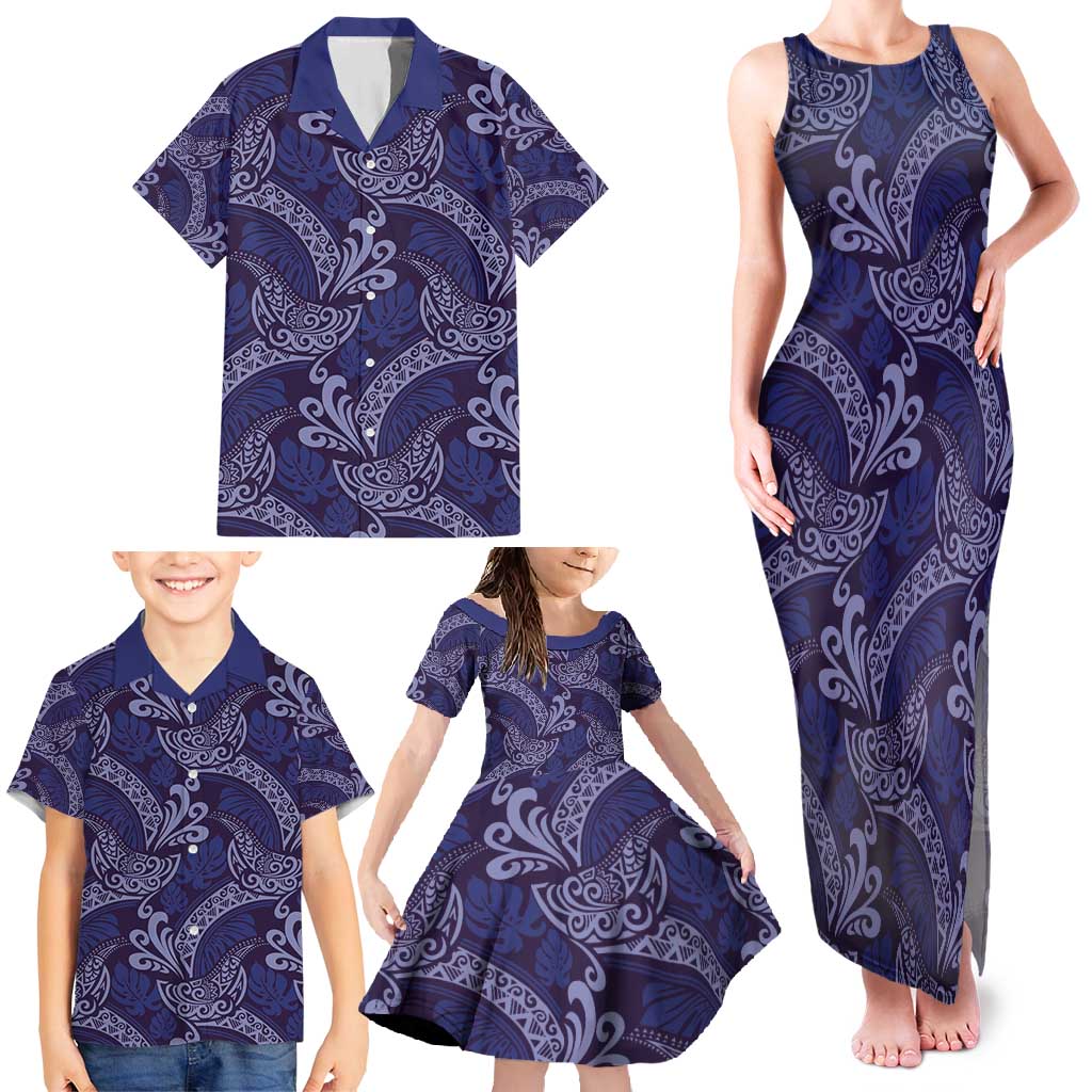 Deep Blue Monstera Family Matching Tank Maxi Dress and Hawaiian Shirt Polynesian Tribal Pattern - Polynesian Pride