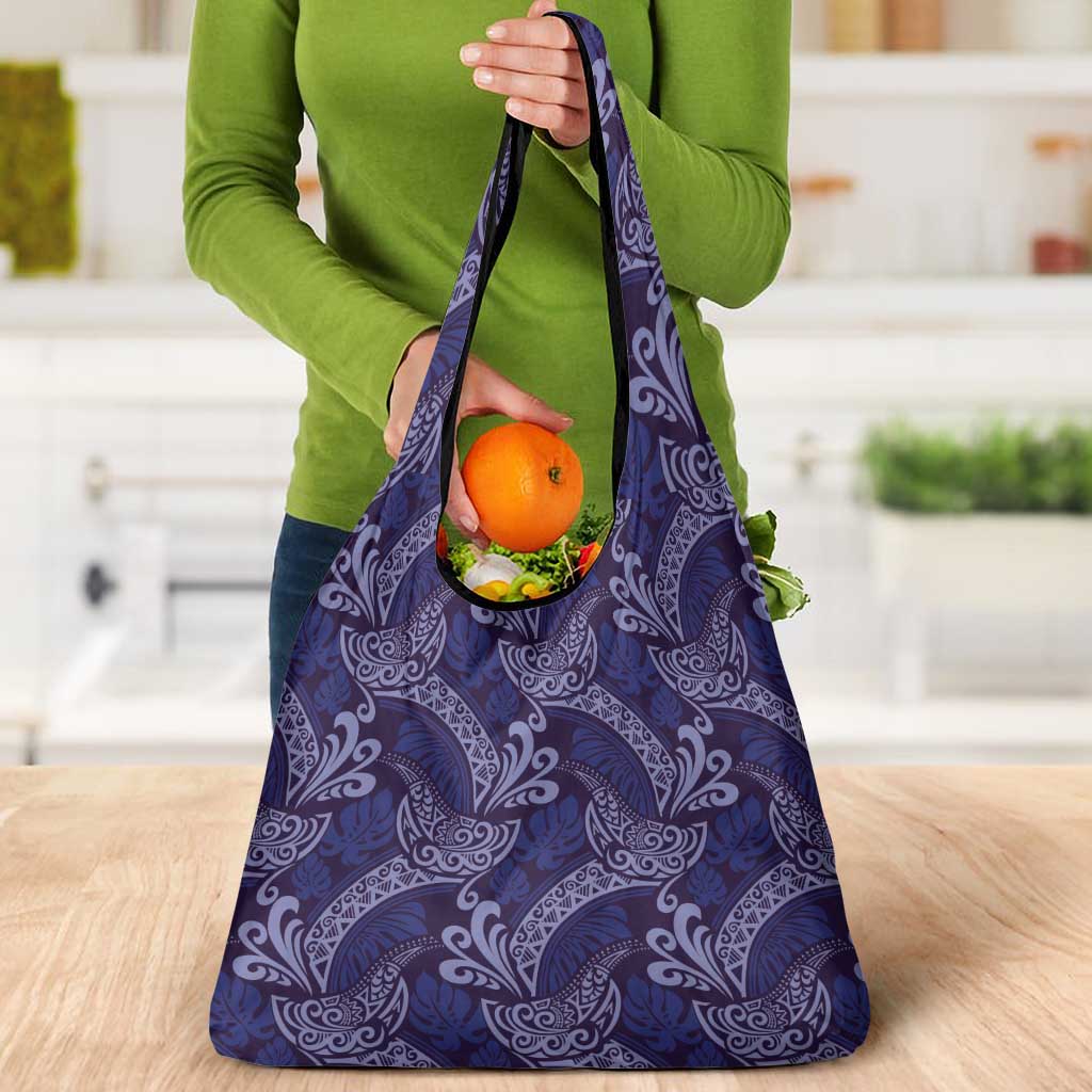 Deep Blue Monstera Grocery Bag Polynesian Tribal Pattern - Polynesian Pride