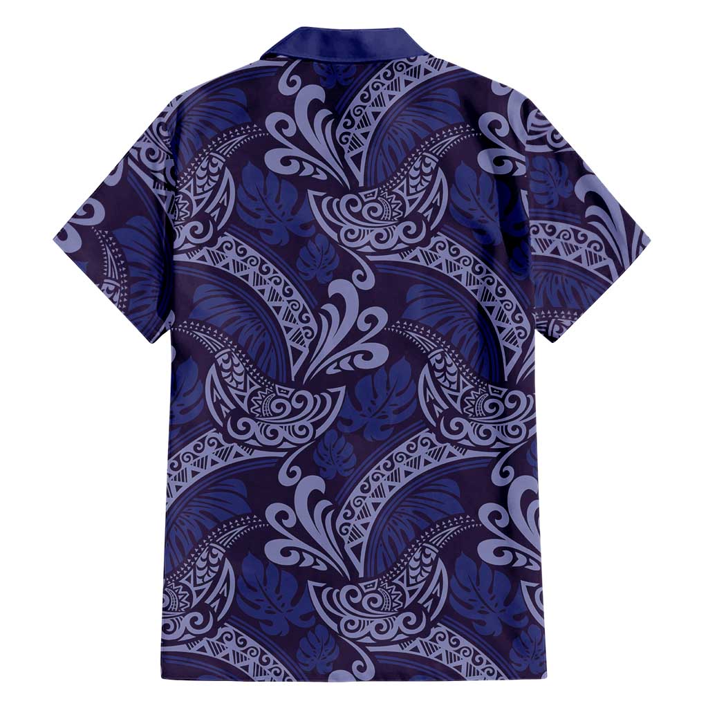 Deep Blue Monstera Hawaiian Shirt Polynesian Tribal Pattern - Polynesian Pride