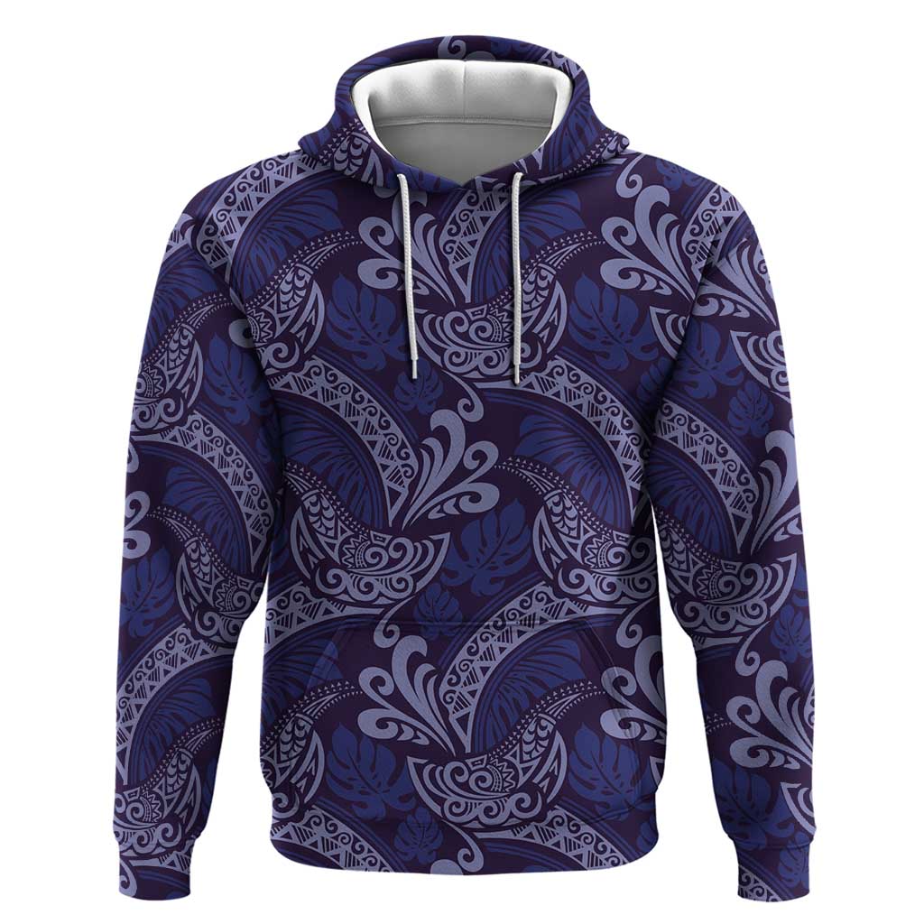 Deep Blue Monstera Hoodie Polynesian Tribal Pattern - Polynesian Pride