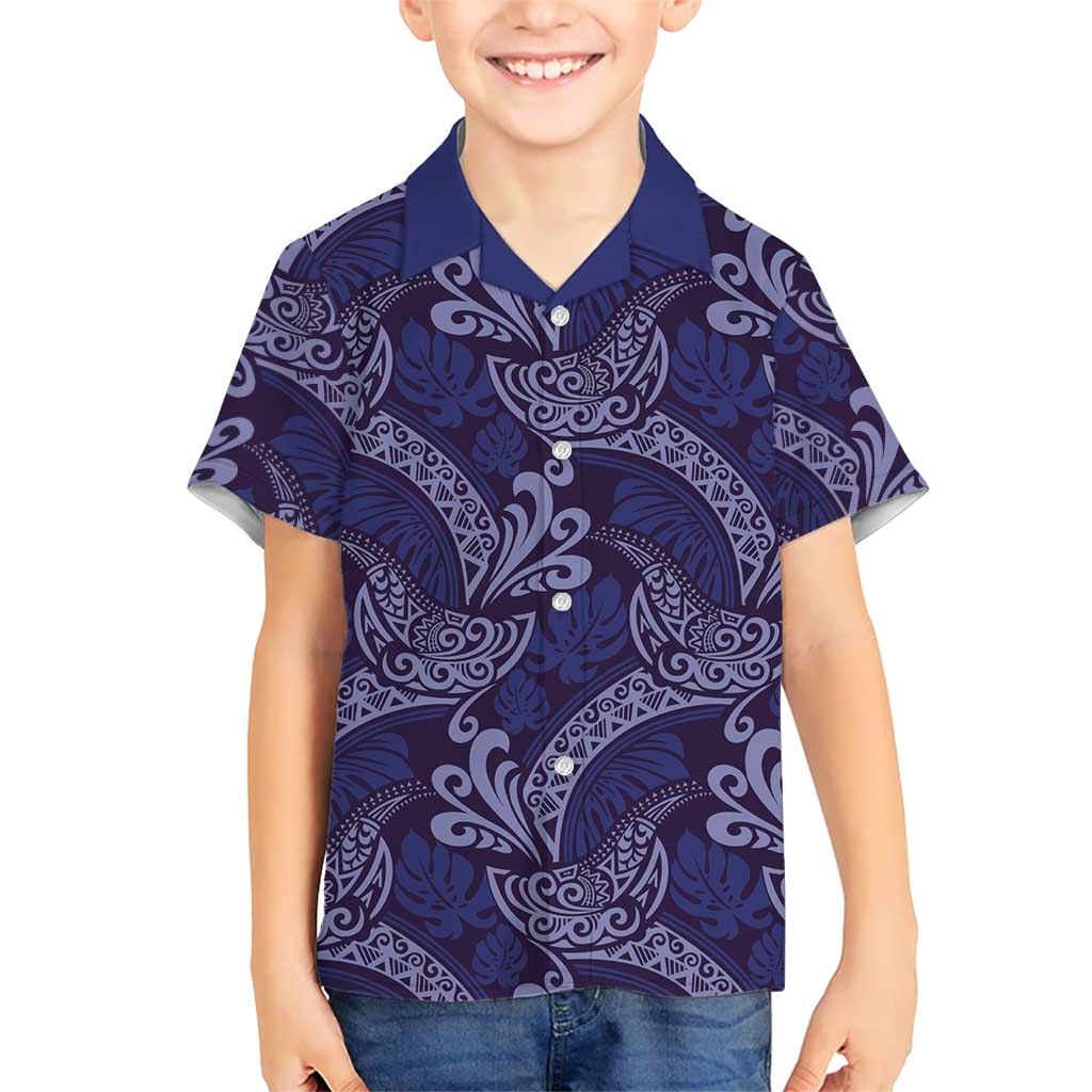 Deep Blue Monstera Kid Hawaiian Shirt Polynesian Tribal Pattern LT01 Kid Blue - Polynesian Pride