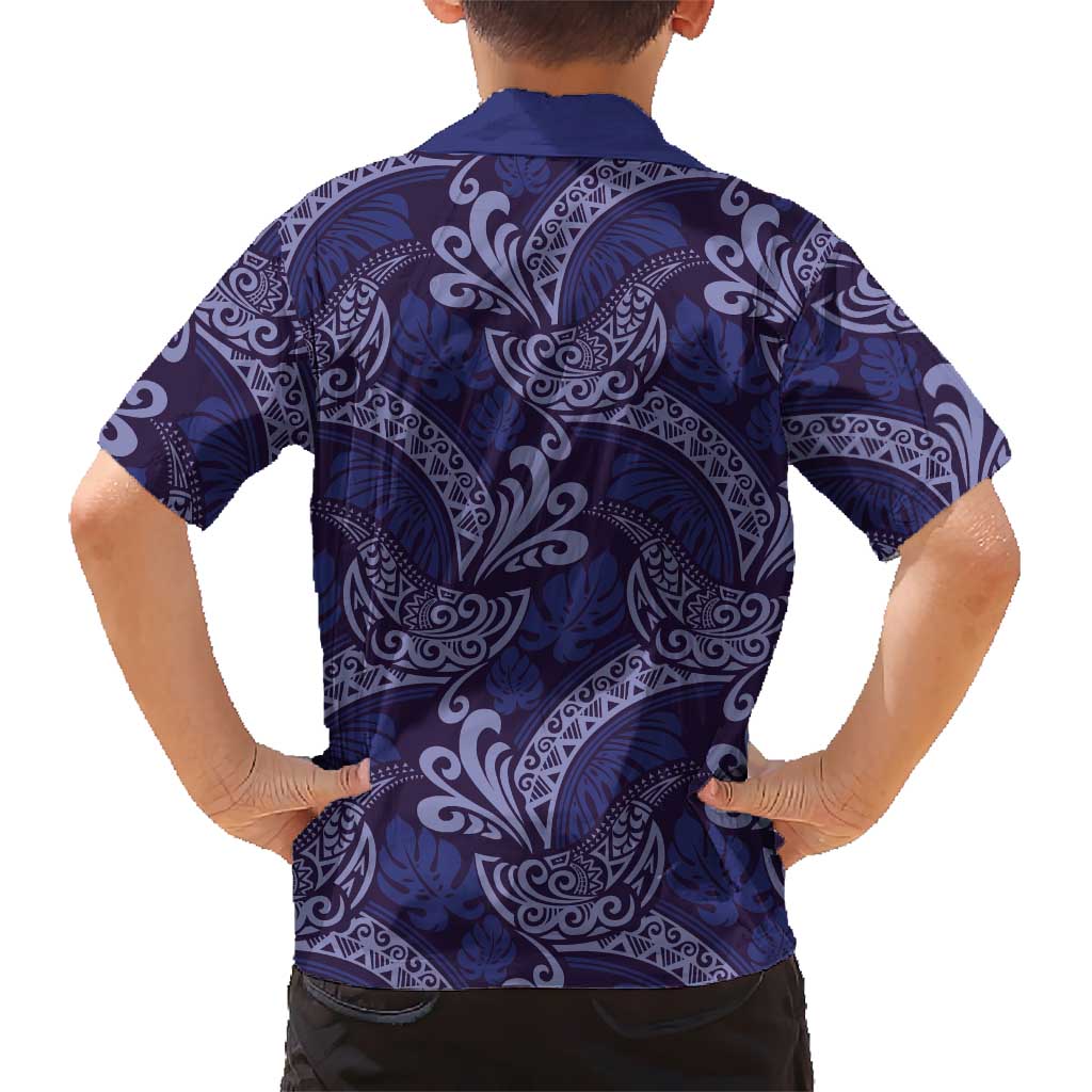 Deep Blue Monstera Kid Hawaiian Shirt Polynesian Tribal Pattern LT01 - Polynesian Pride