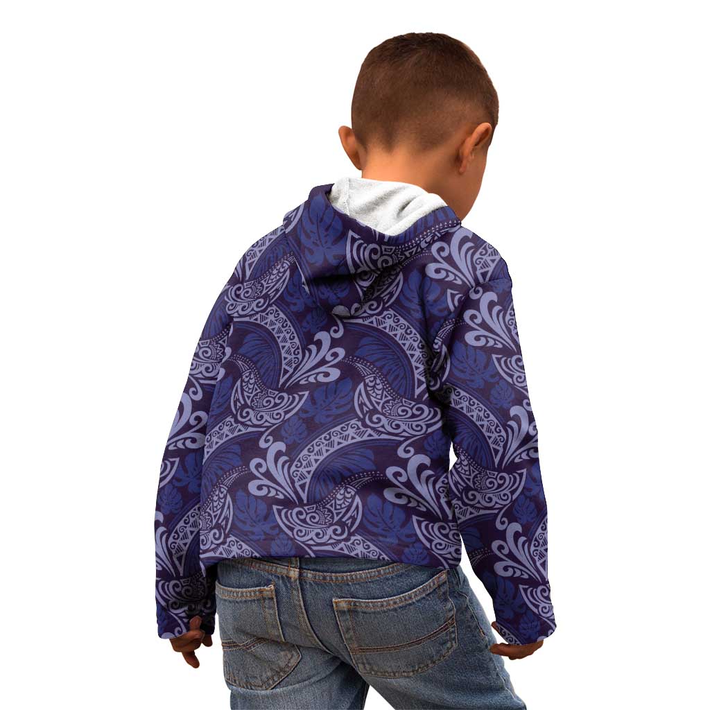 Deep Blue Monstera Kid Hoodie Polynesian Tribal Pattern - Polynesian Pride