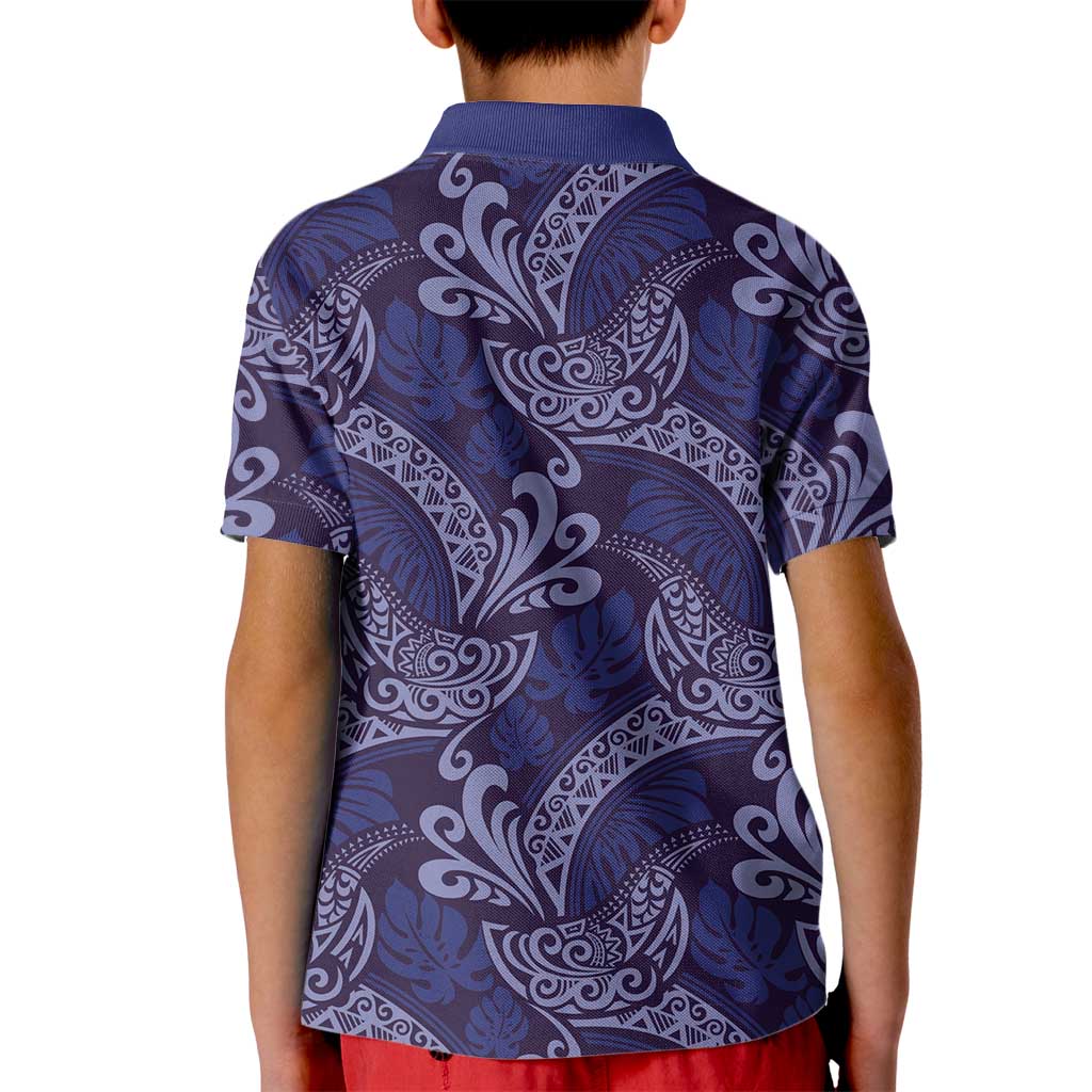 Deep Blue Monstera Kid Polo Shirt Polynesian Tribal Pattern LT01 - Polynesian Pride