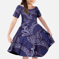 Deep Blue Monstera Kid Short Sleeve Dress Polynesian Tribal Pattern LT01 KID Blue - Polynesian Pride