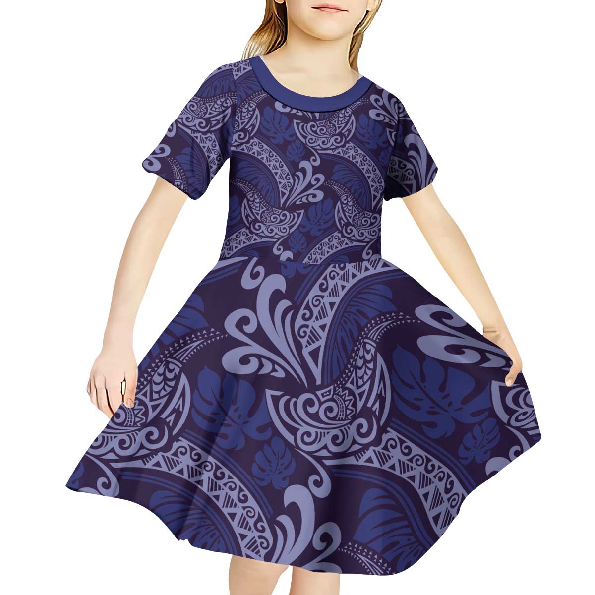 Deep Blue Monstera Kid Short Sleeve Dress Polynesian Tribal Pattern LT01 - Polynesian Pride
