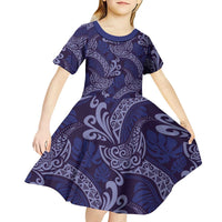 Deep Blue Monstera Kid Short Sleeve Dress Polynesian Tribal Pattern LT01 - Polynesian Pride